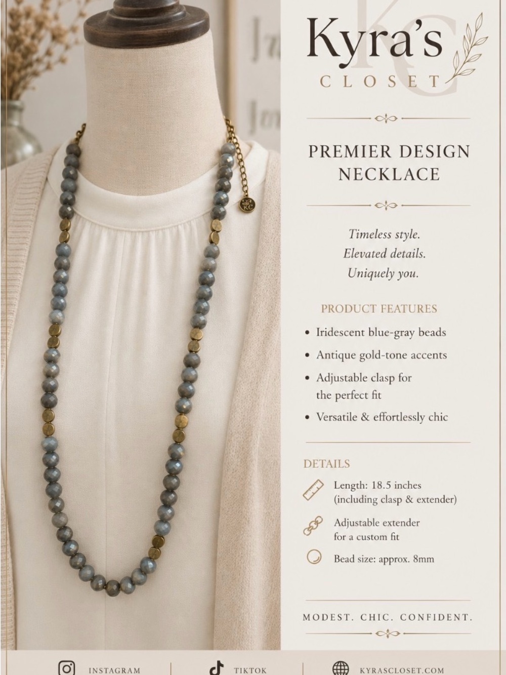 Premier Designs Blue Gray Beaded Necklace Gold Tone Accents 18.5”